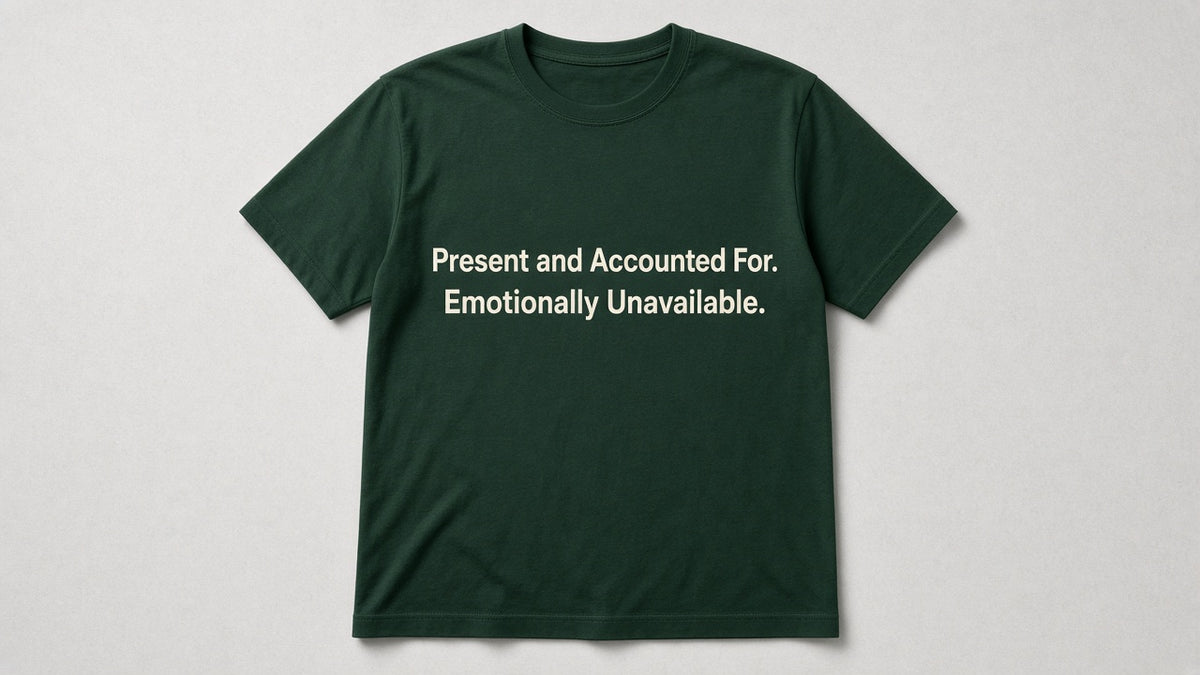 Present and Accounted For. Emotionally Unavailable. — Funny Holiday Tee (Forest green)