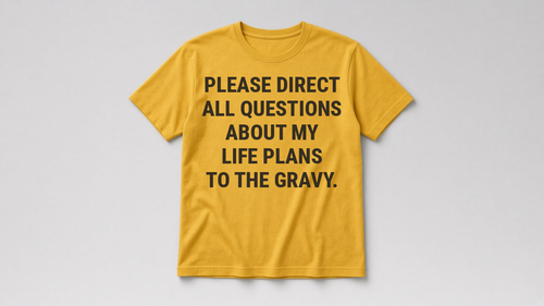 Direct Questions to the Gravy — Funny Thanksgiving Tee (Mustard)